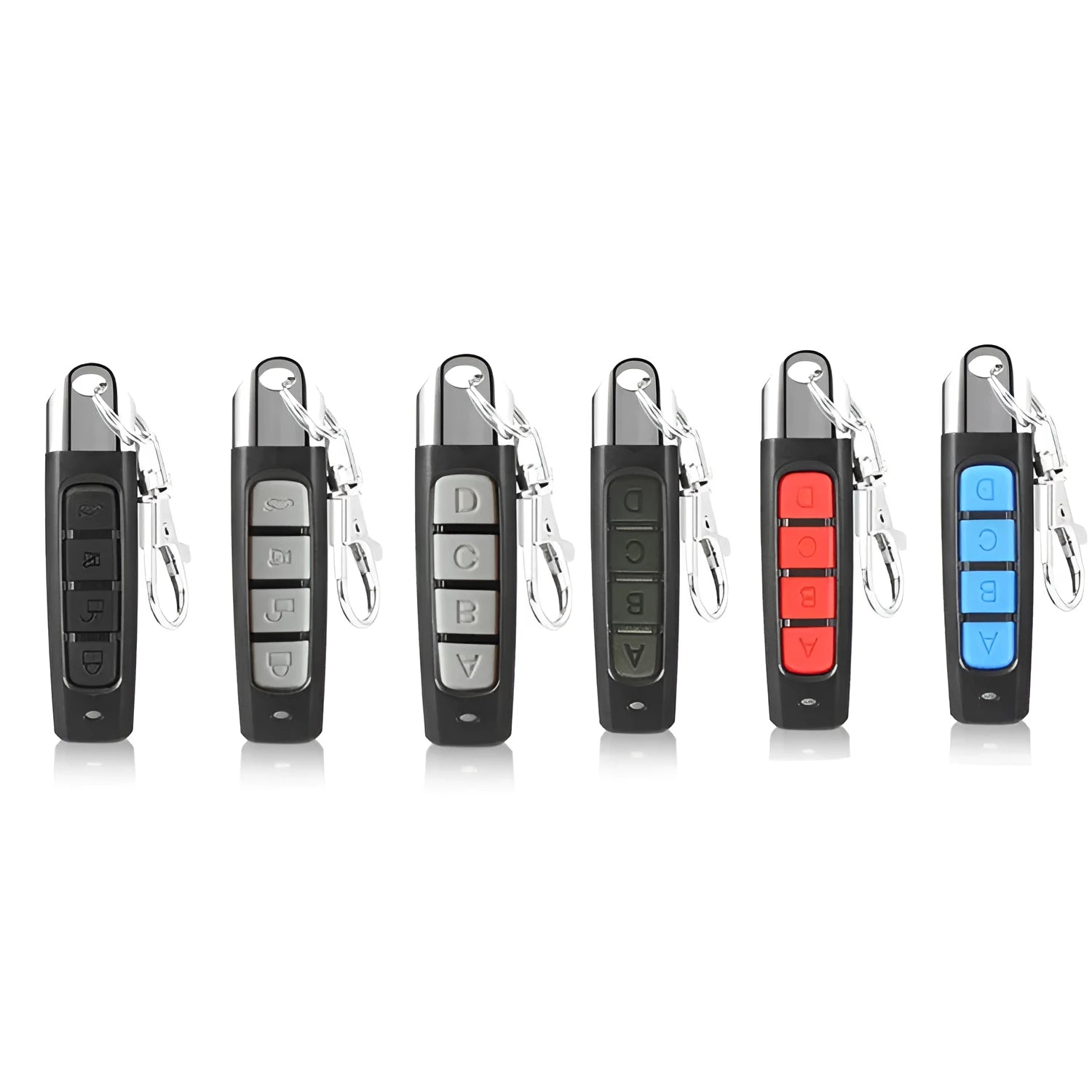 A compact black rolling door remote control measuring 6.7cm, showing buttons for copying and operation.