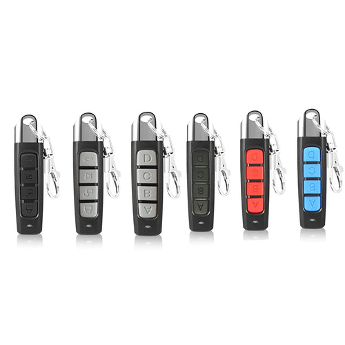 A compact black rolling door remote control measuring 6.7cm, showing buttons for copying and operation.