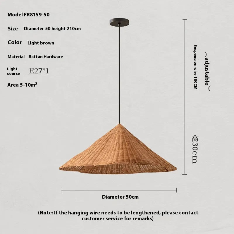 Silent Style natural rattan woven ceiling lamp with black metal trim in three diameter sizes.
