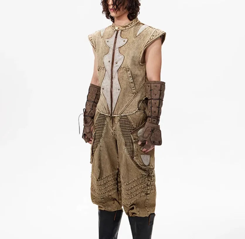 Summer Dark Knight pleated denim vest in cotton fabric, water-wash finish, shown in picture colour