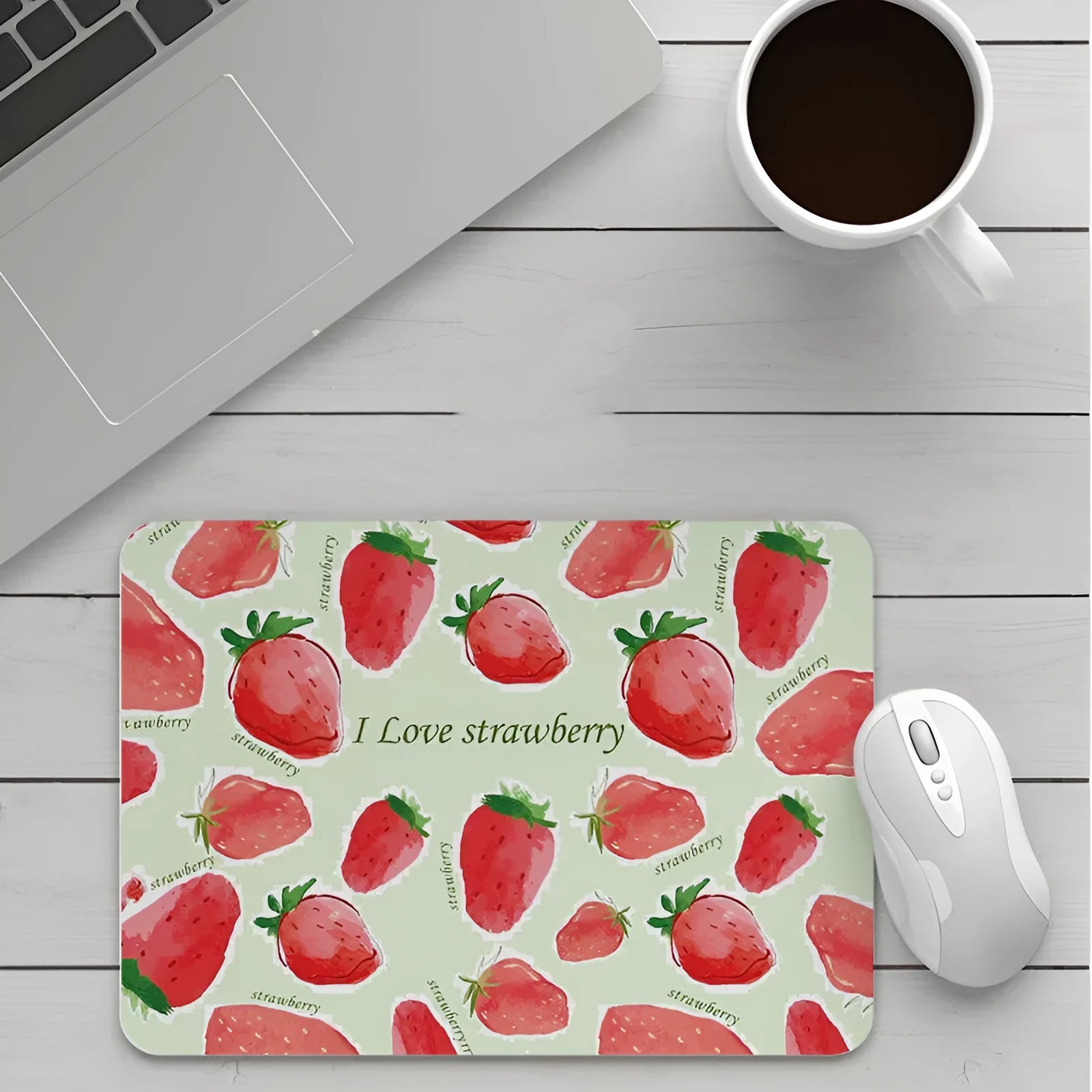 Custom cartoon thickening mouse pad on a desk, showing a colourful design with black stitched edge.