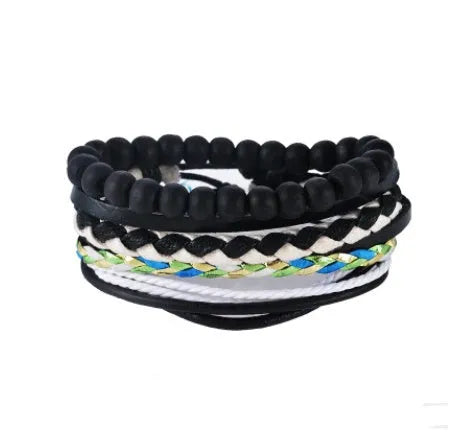 Hand-woven brown leather wrap bracelet with wooden beads on a 6cm adjustable band.