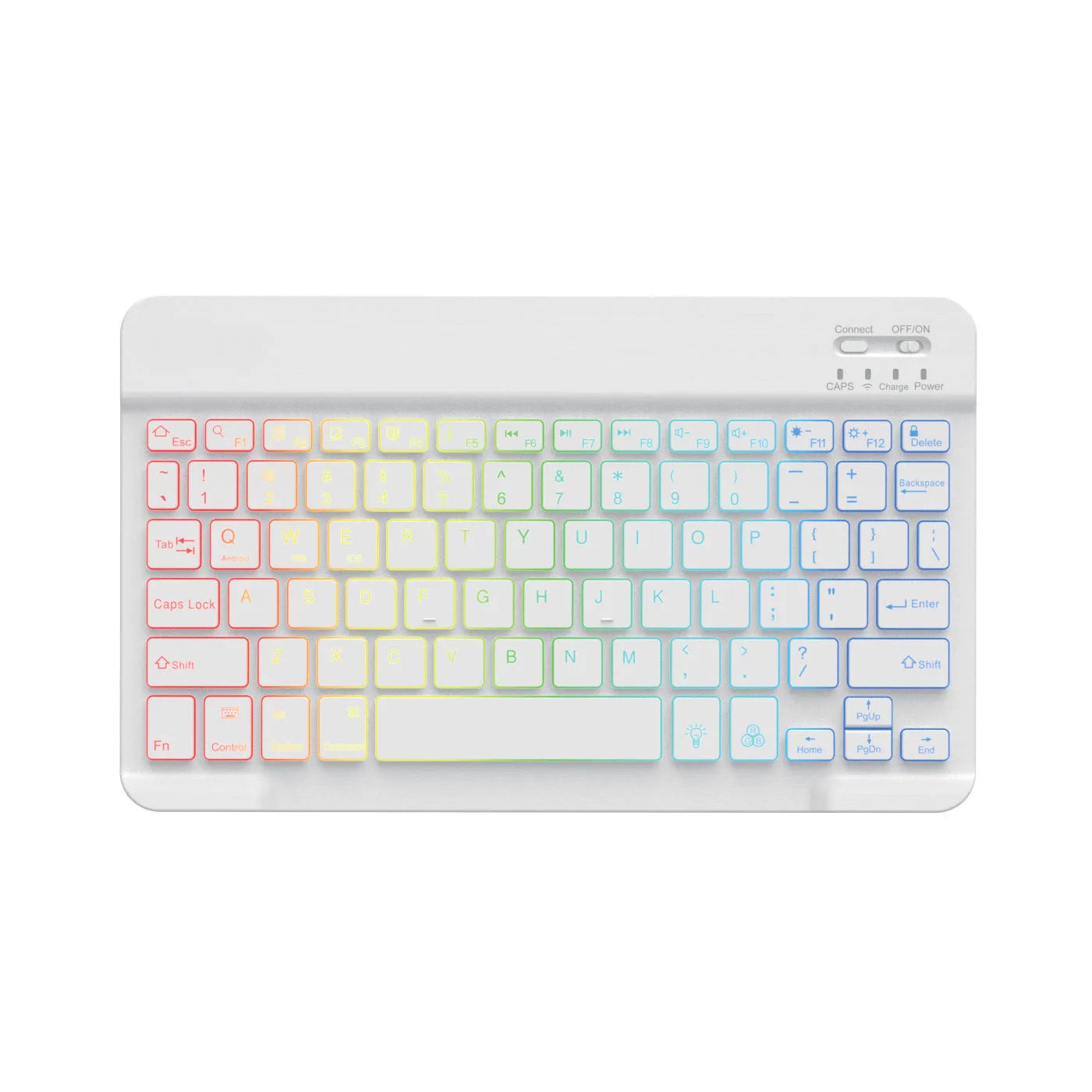10-inch black Bluetooth keyboard with colourful blue backlighting, shown with a charging cable.
