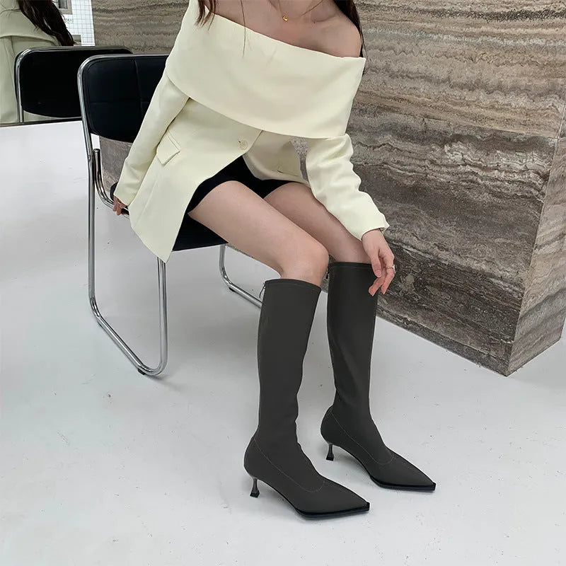 Black pointed toe below knee stiletto heel boots with a back zipper on a woman's leg.