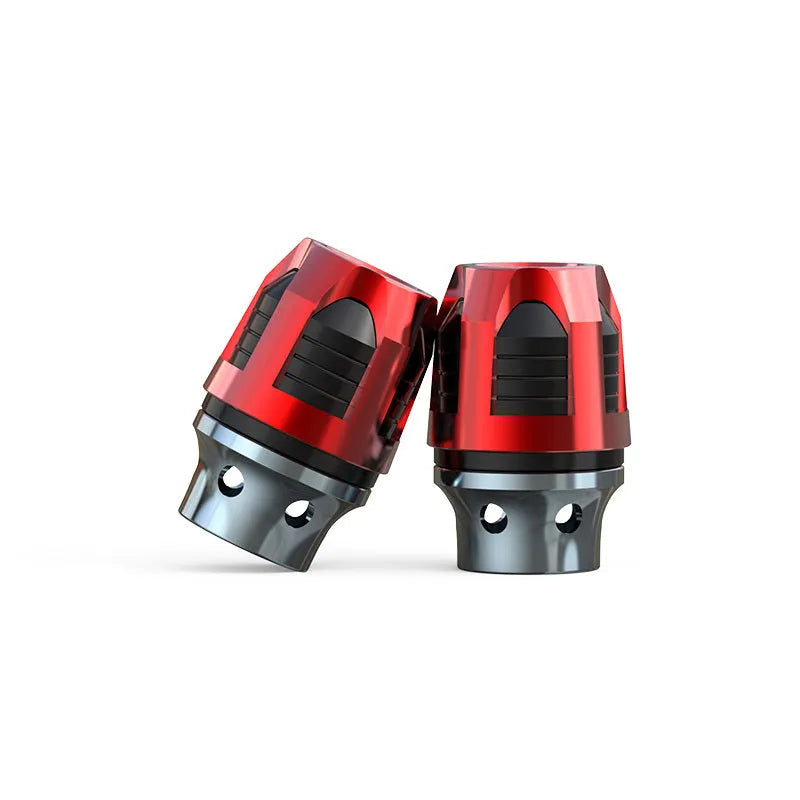 Pair of CNC machined aluminium alloy fork cups for motorcycle or electric car front axle, shown in anodised red.