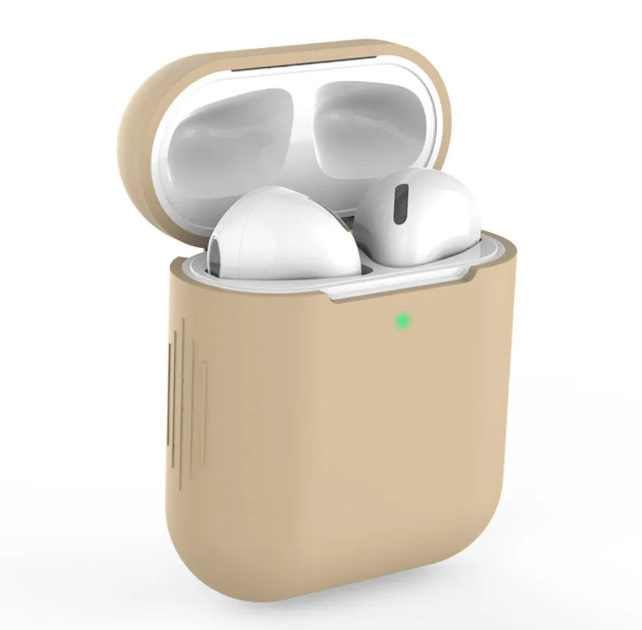 Silicone protective case for AirPods 2nd generation wireless earbuds in various colours showing 56x47x24mm dimensions