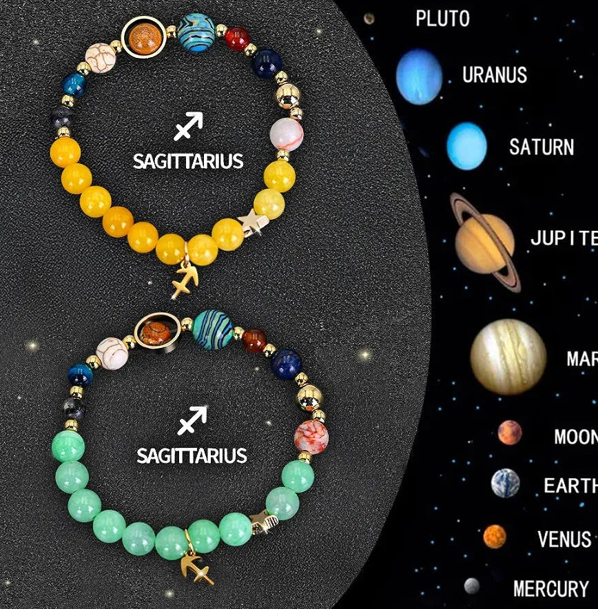Two natural stone beaded bracelets with zodiac charms on an adjustable elastic band.