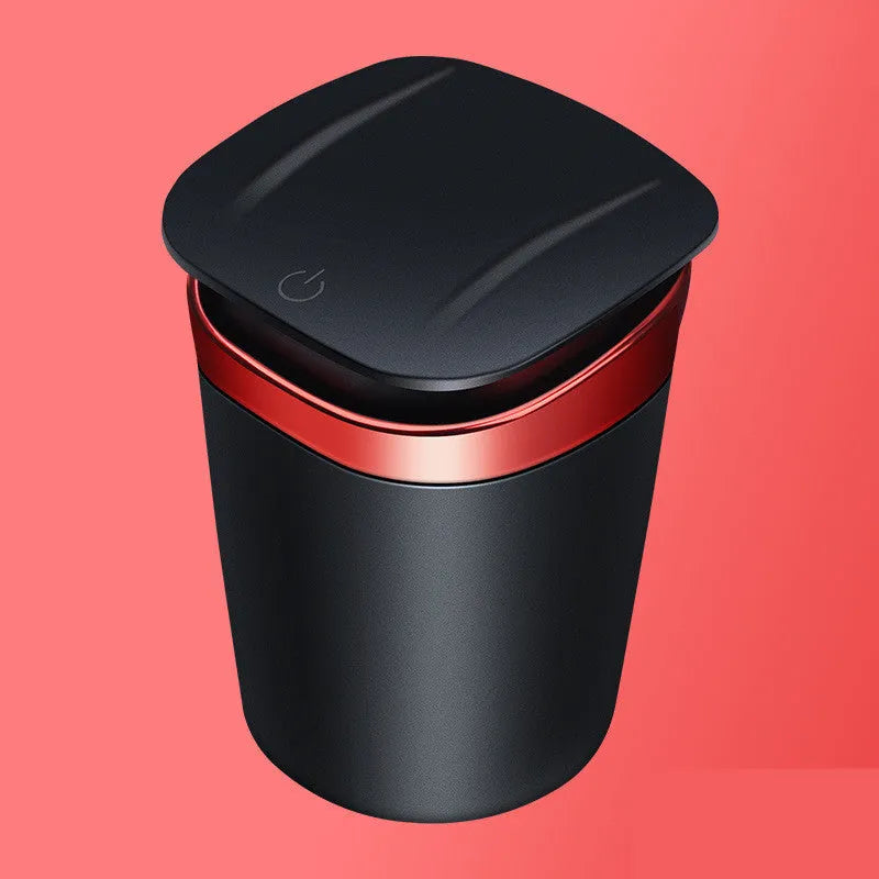 Portable metal car ashtray with automatic LED light in cool black colour, 105mm height