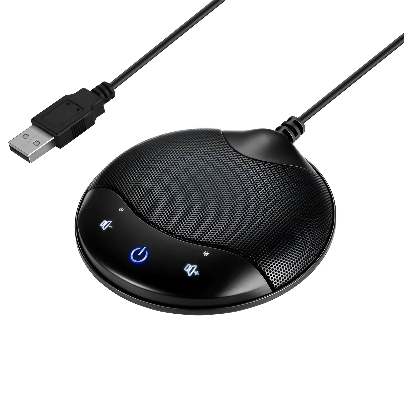 Black USB condenser desktop microphone for conference calls and gaming