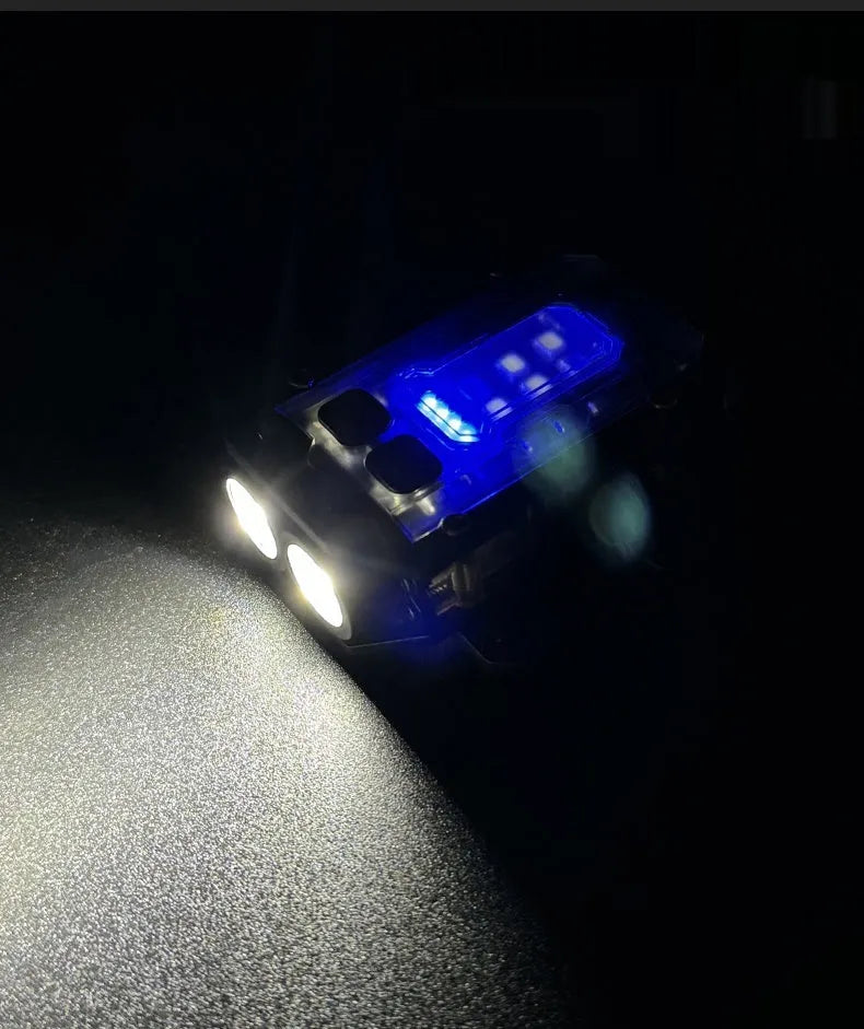 Portable tactical warning flashlight with USB charging cable for outdoor backpack mounting.