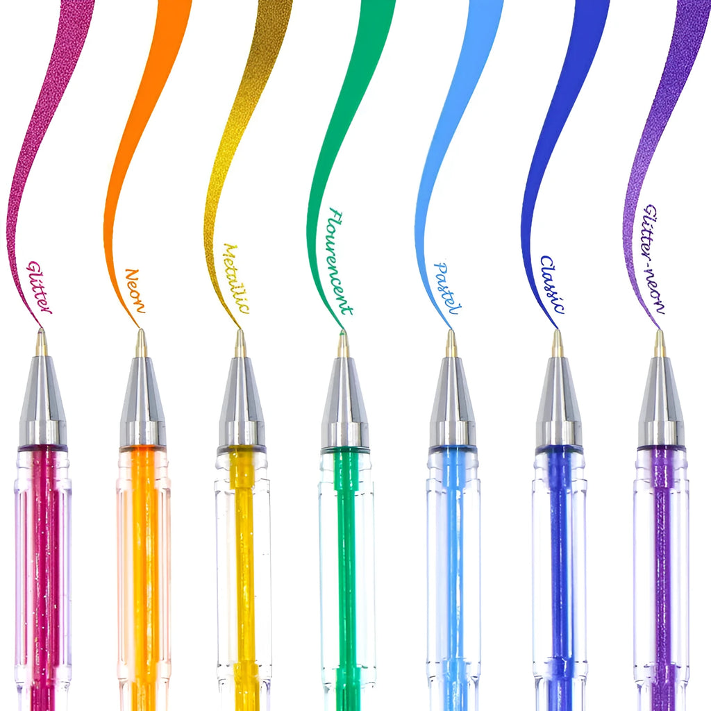 Set of 100 gel colouring pens with plastic barrels in various colours for office and stationery use