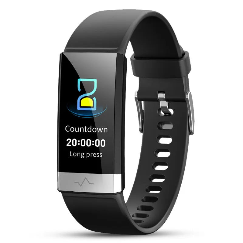 V19 smart bracelet fitness tracker with colour display shown in black, blue, and red colour options