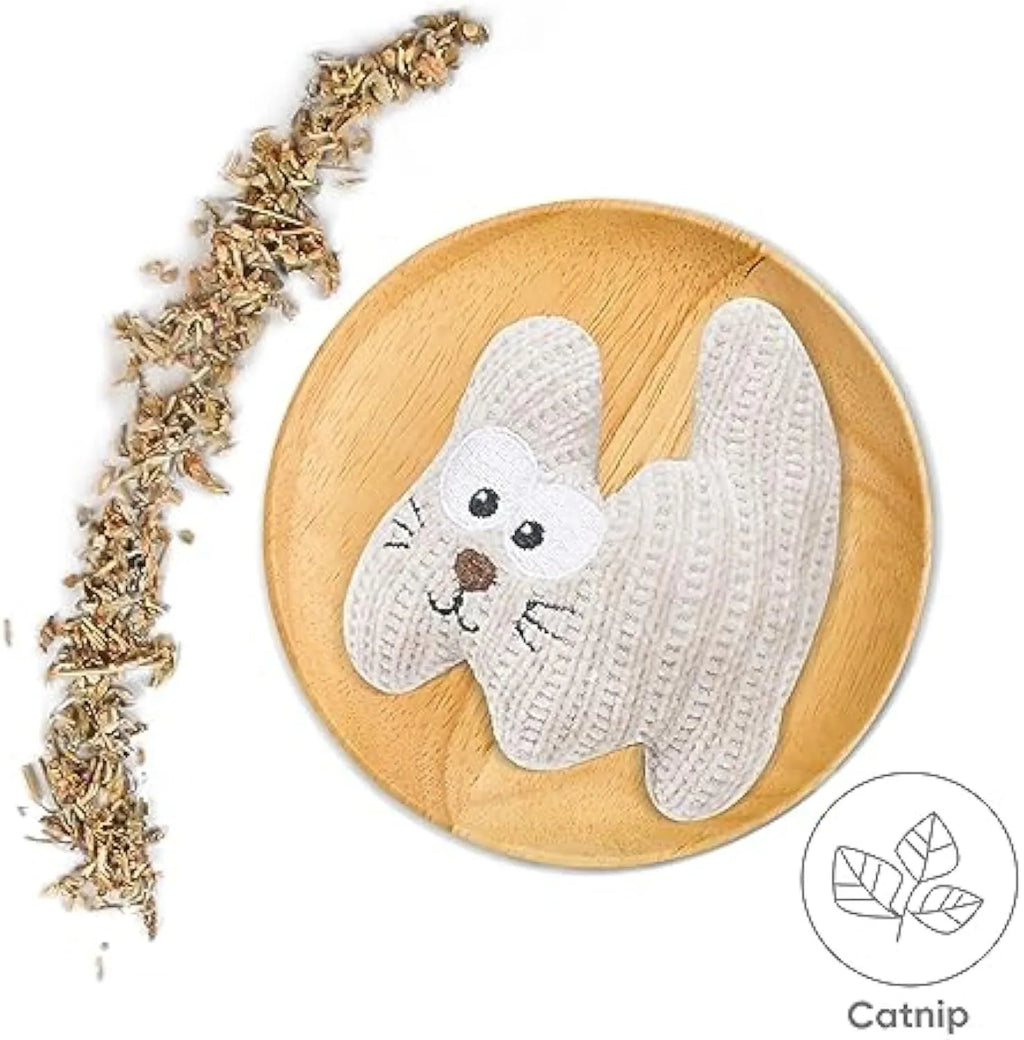 Cyan and light coffee coloured plush catnip toy with a bell, shown next to a measuring tape indicating 12cm length.