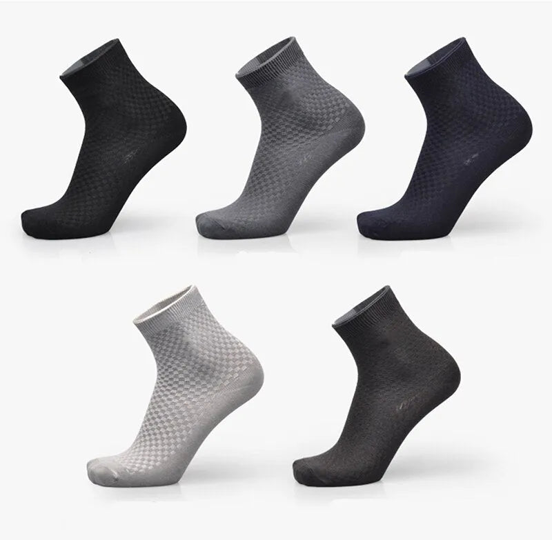 Men's bamboo fibre business socks with small square pattern in black, grey blue, iron grey, navy blue, and silver grey colours