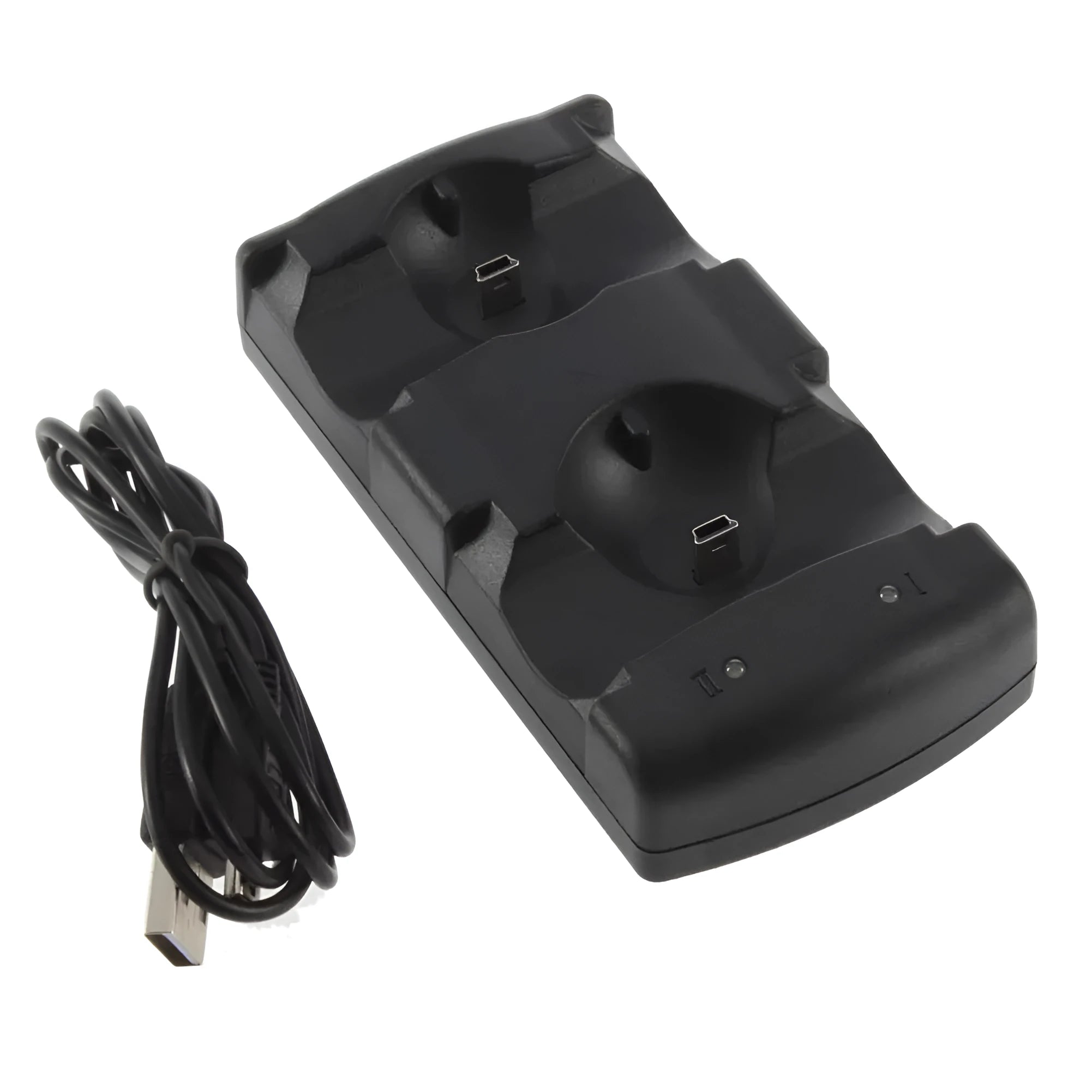 Black PS3 dual charging dock holding two wireless controllers, with a USB cable.