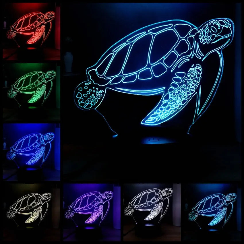 3D acrylic turtle-shaped LED night light showing colour-changing glow and remote control.