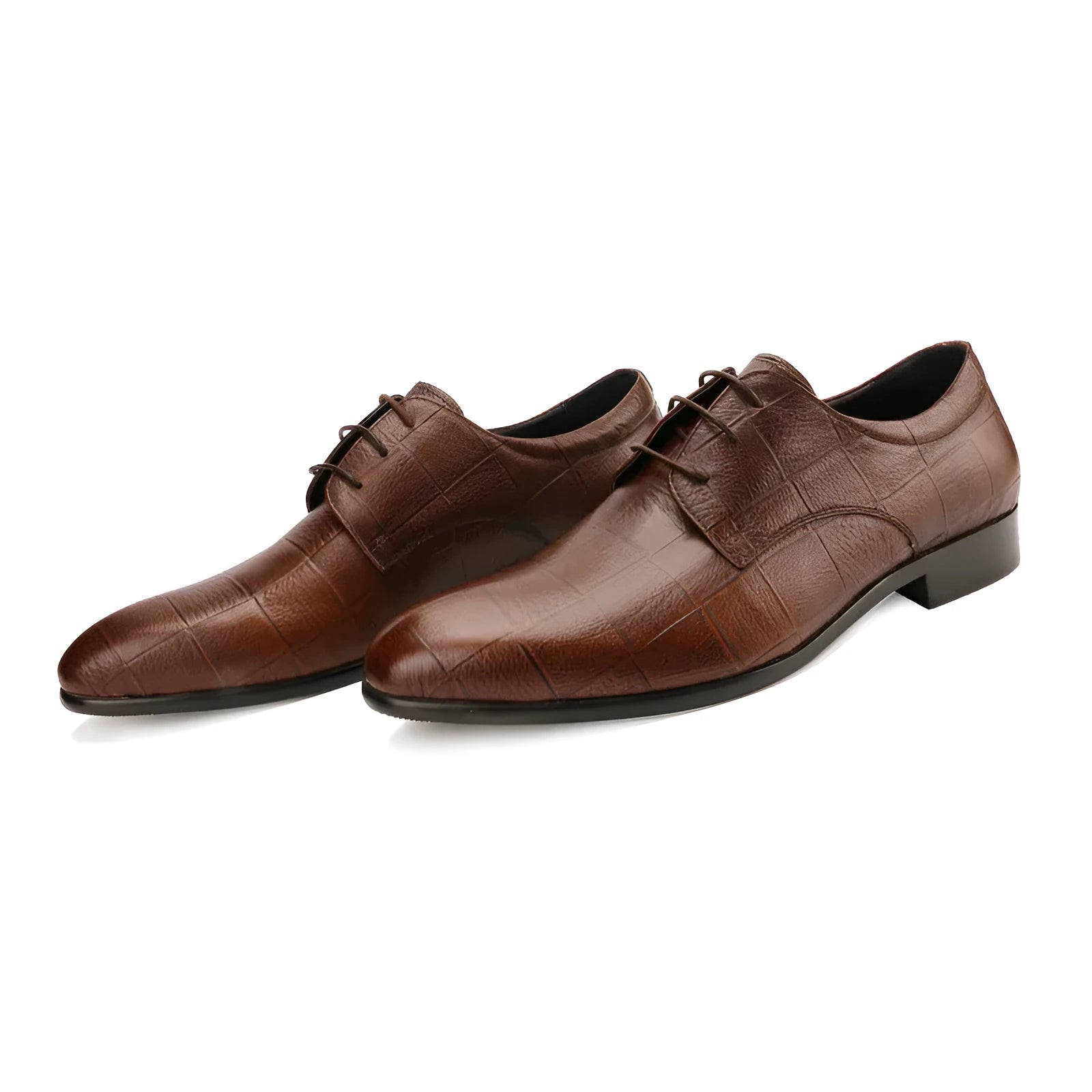 Men's black cow leather Derby shoes with pointed toe and rubber sole on a plain background
