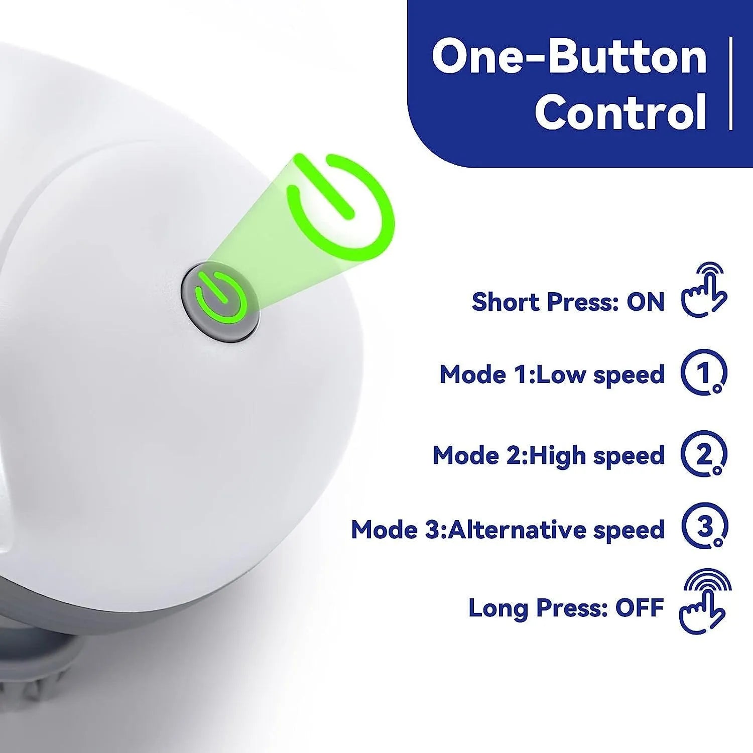 Blue handheld electric pet massager with four rotating heads for cats and dogs on a grey background.