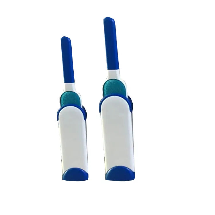 Blue reusable pet hair removal brush with self-cleaning base for furniture and clothing