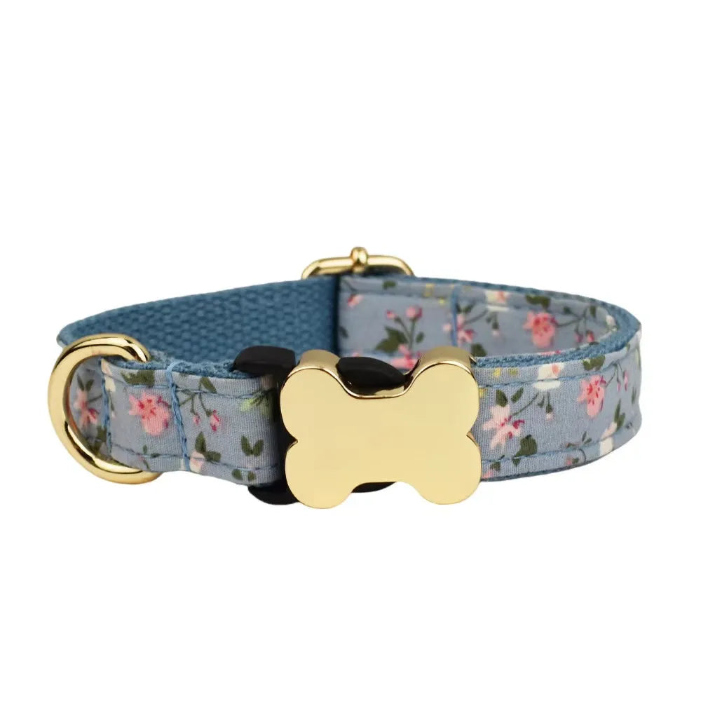 Nylon dog collar with printed grid pattern and plastic bone-shaped buckle