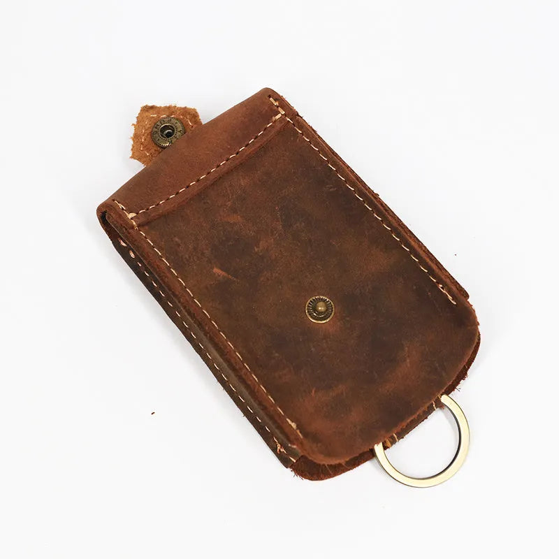 Crazy horse leather key case in dark brown, 7cm by 11.5cm, compact key organiser