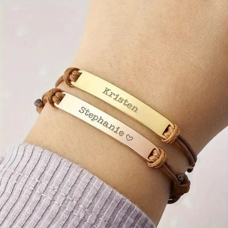 Stainless steel curved inspirational engraved woven stretch wristband in rose gold finish with synthetic leather band