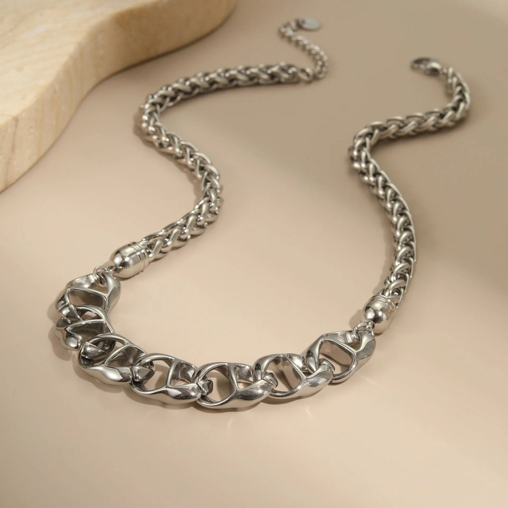Stainless steel electroplated gold necklace with geometric chain design for women