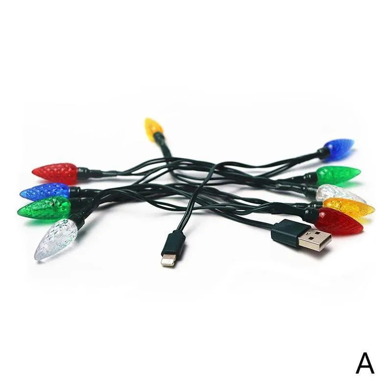 Green USB charging cable with 10 small LED lights illuminated along its length for festive decoration.