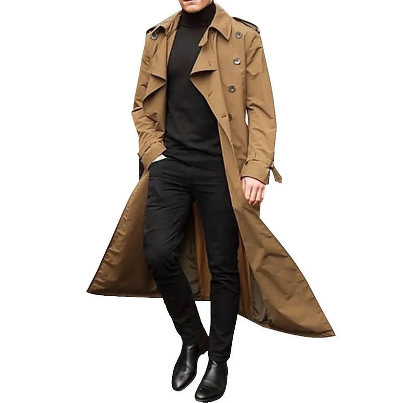 Men's long trench coat with epaulettes in khaki colour, polyester blend fabric, full-length front view