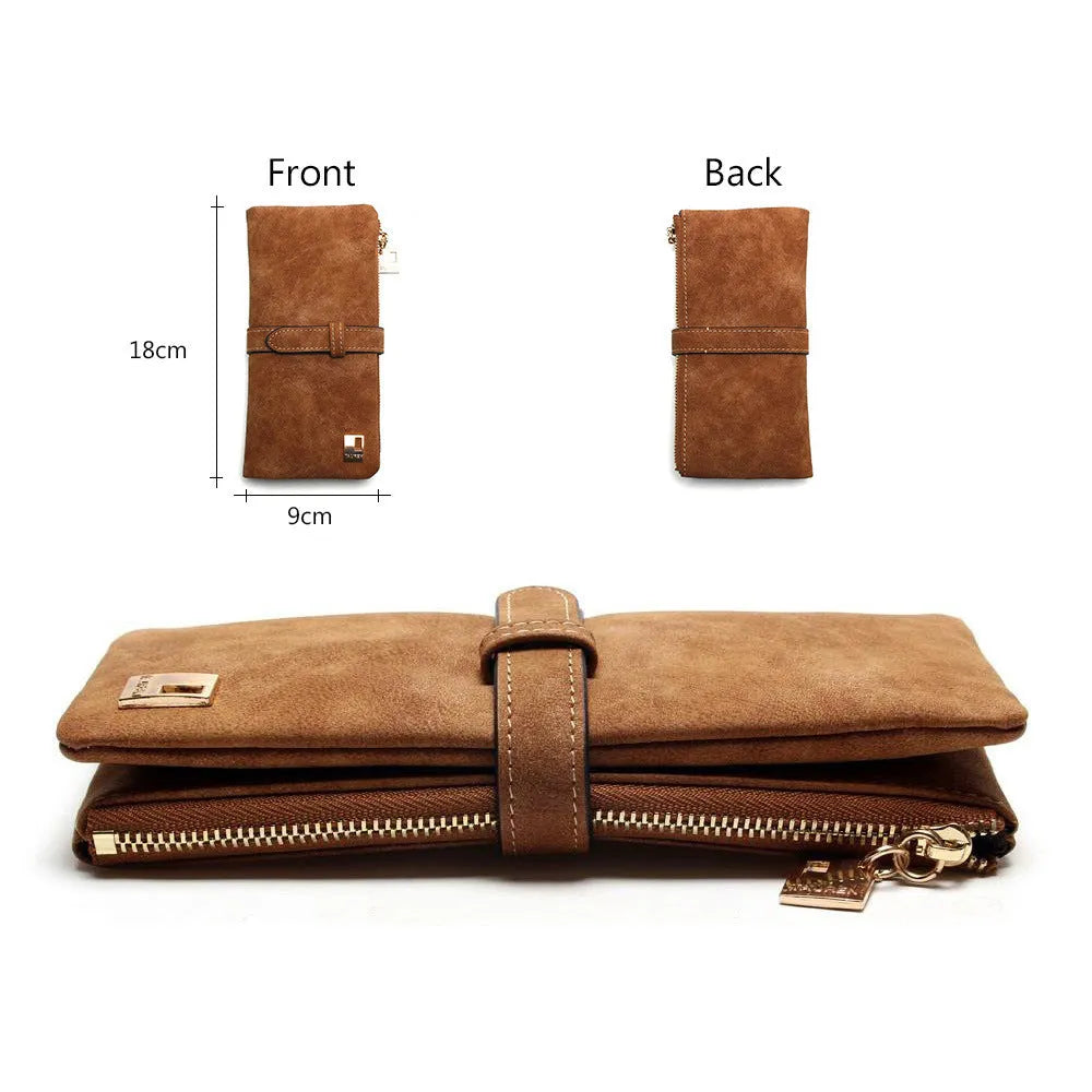 Korean retro matte Pu leather women's vertical long wallet with zip closure showing multiple card slots