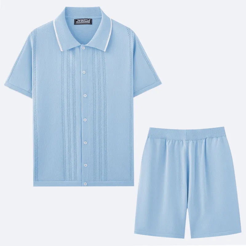 Business casual short sleeve sweater and shorts two-piece set in Tencel fabric, shown in multiple colour options.
