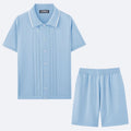 Business casual short sleeve sweater and shorts two-piece set in Tencel fabric, shown in multiple colour options.
