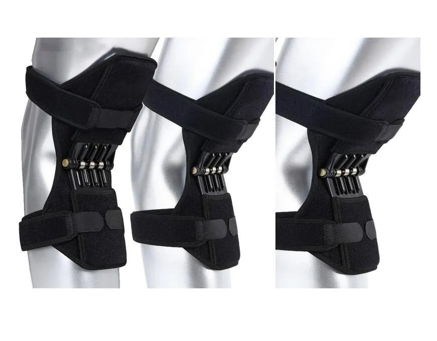 Adjustable black spring knee brace with straps and venting holes for sports support.