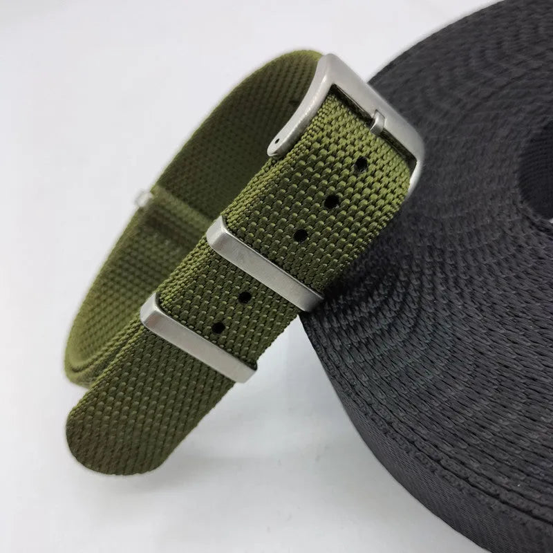 Nylon textile watch strap showing five colour options and 20mm 22mm width sizes