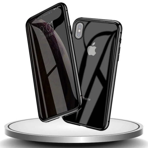 Glass clamshell anti-spy phone case for iPhone in multiple solid colours including black, blue, gold, green, red, and silver