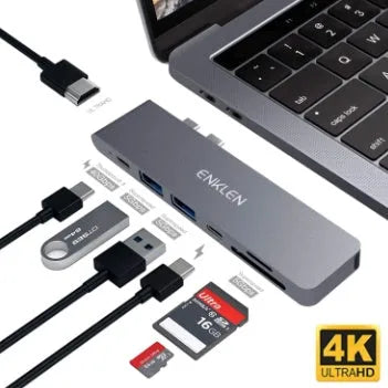 Aluminium USB-C adapter with SD card reader showing multiple ports including HDMI and USB 3.0