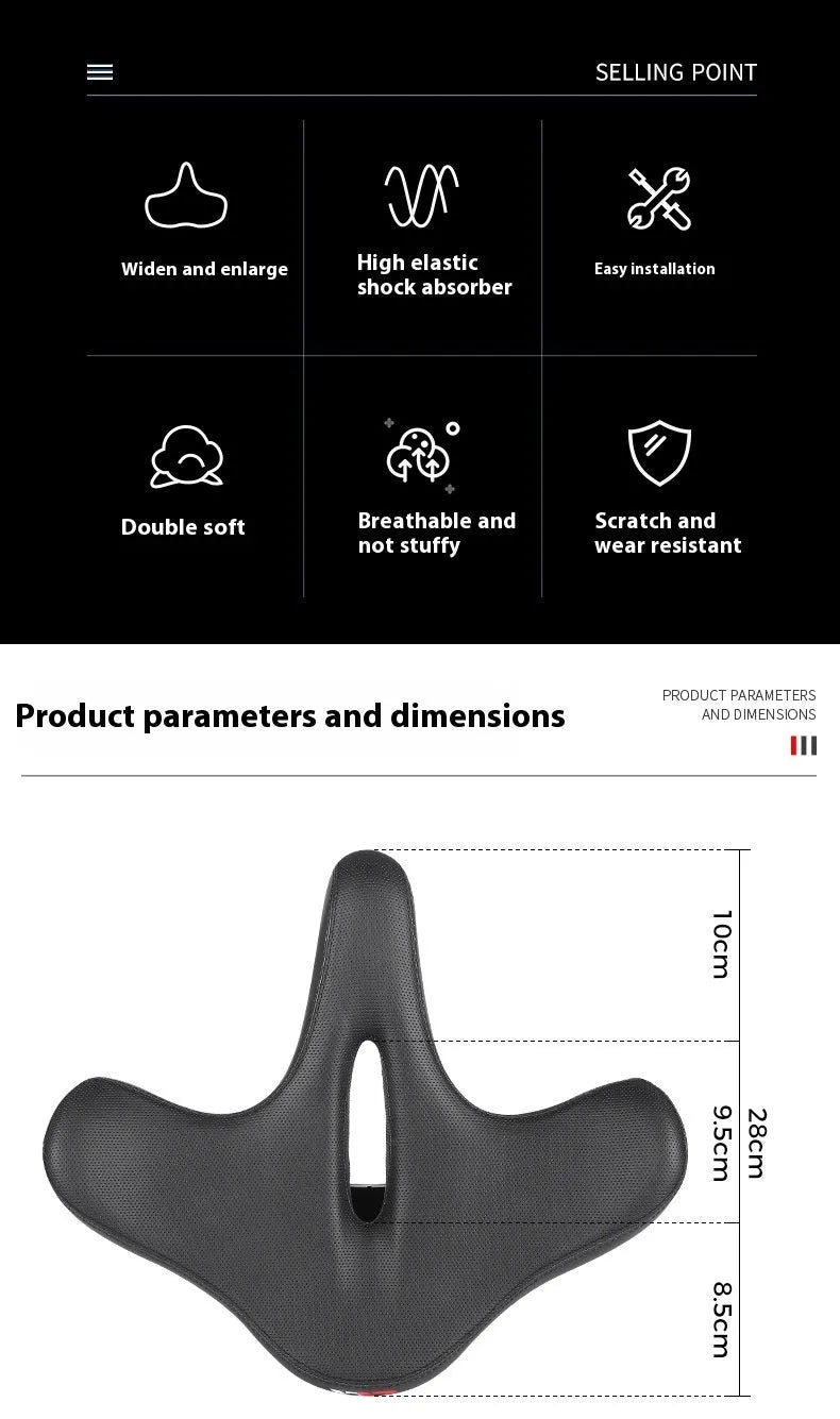 Black bicycle seat cushion with leather surface and polyurethane foam interior for shock absorption