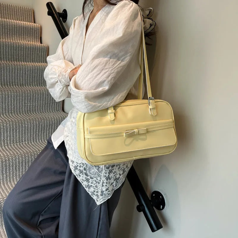 Women's horizontal square PU leather flap bag with double shoulder straps in choice of five colours