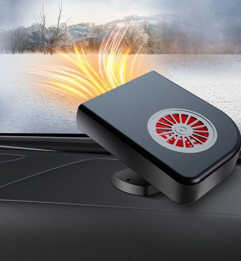 Black ABS plastic vehicle-mounted heater with adjustable vents, shown with double-sided adhesive mount.