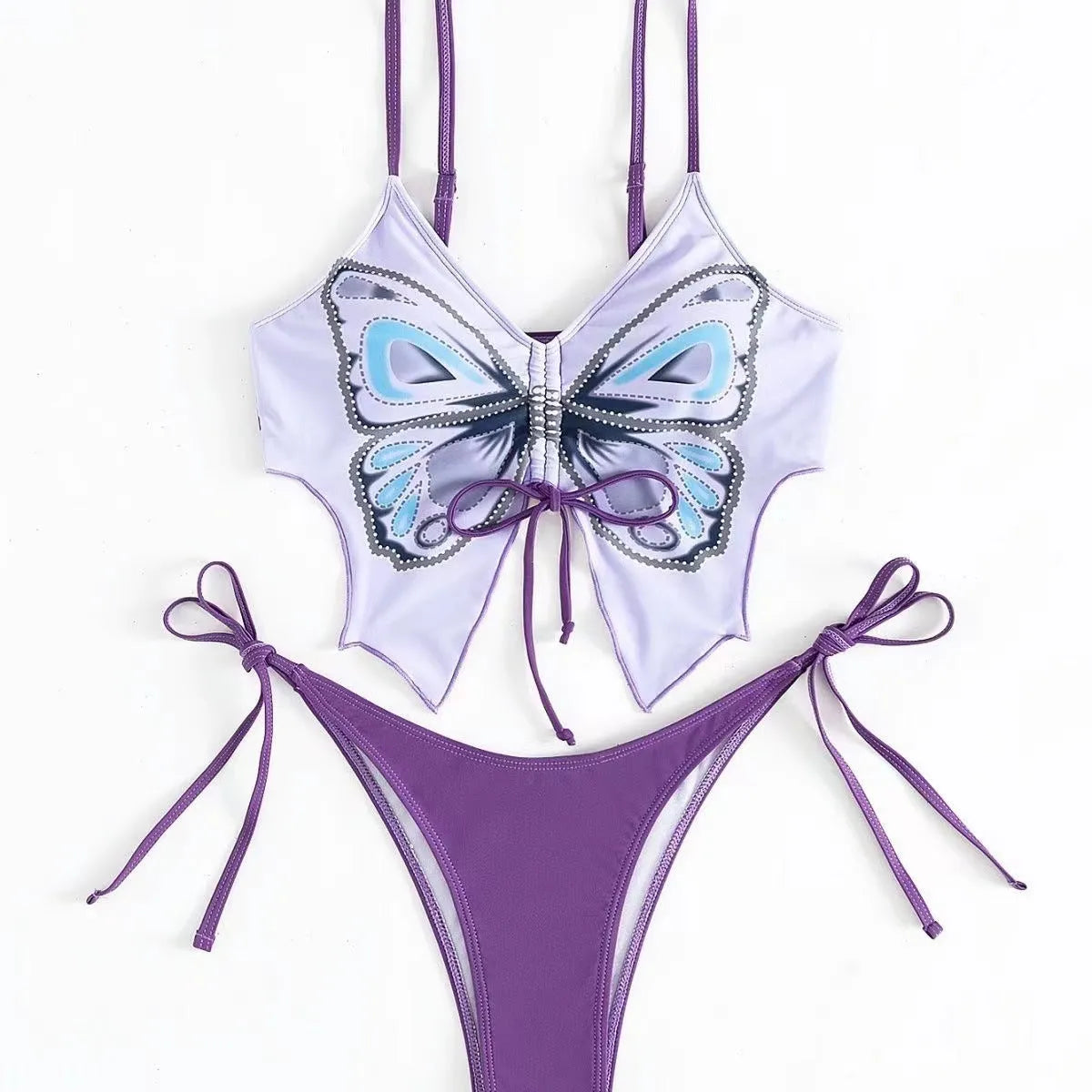 Women's purple bikini with bow ins style back detailing and briefs bottoms