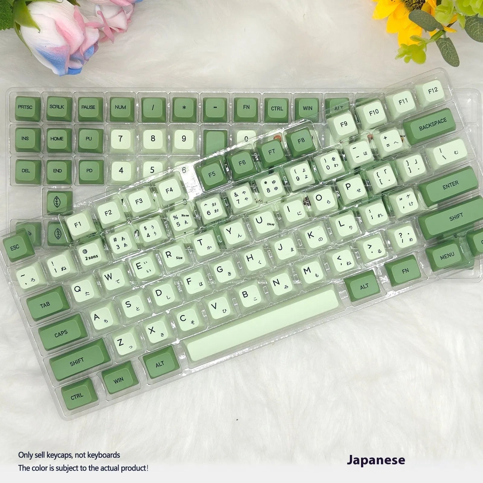 124 PBT keycaps in Matcha green colour arranged by language layout for mechanical keyboards