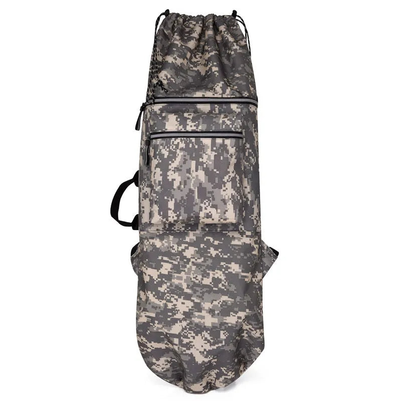 Waterproof nylon skateboard backpack in camouflage colours showing equipment compartments