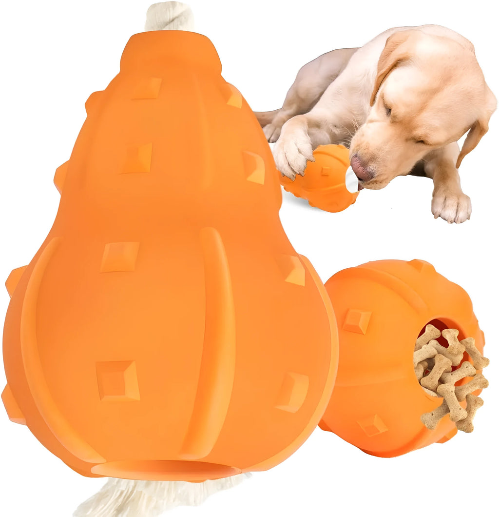 Natural rubber stuffable dog chew toy with longer strap for interactive fetch and treat dispensing