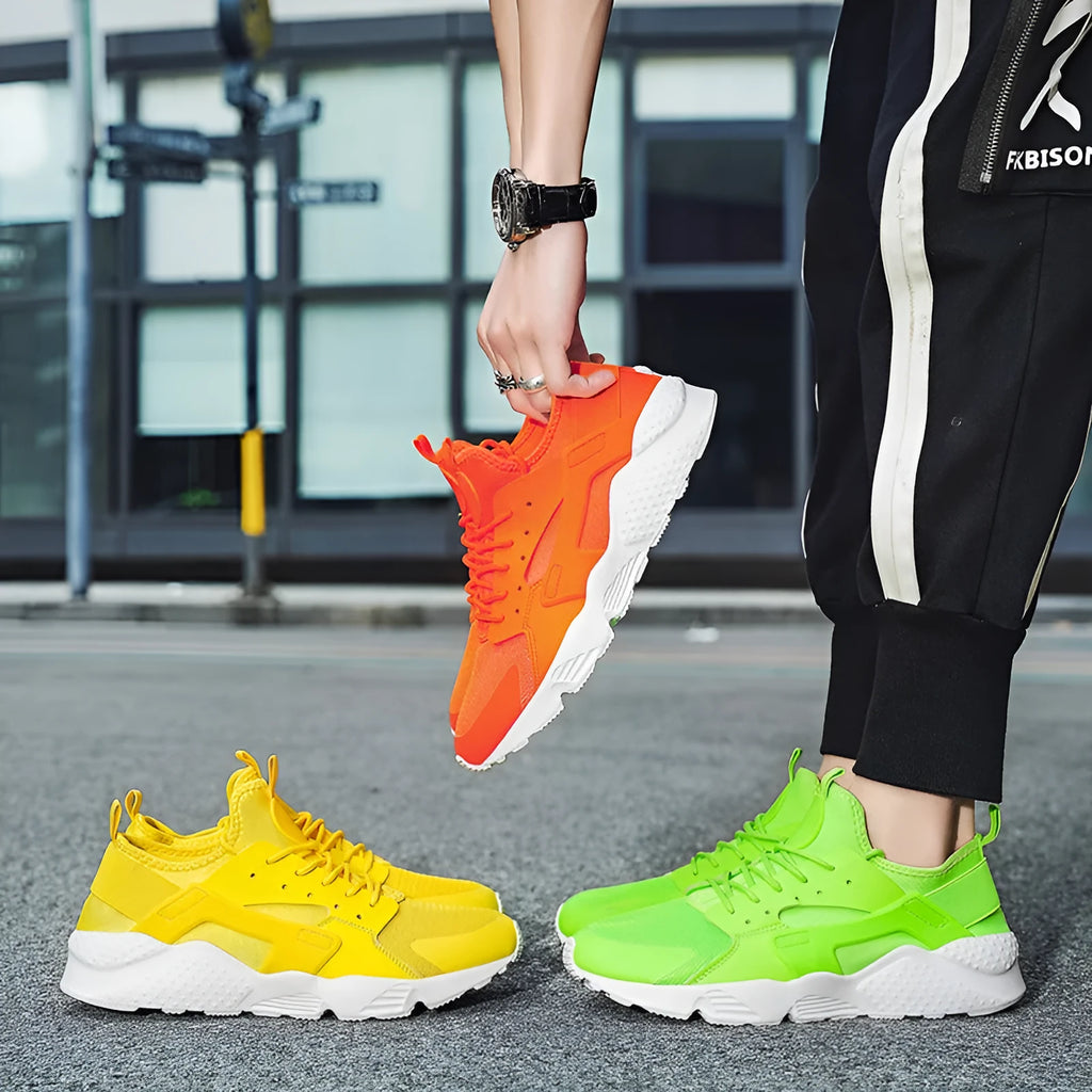 Men's low top casual shoes with cross shoulder straps in fluorescent red, green, or yellow.