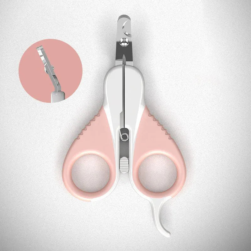 Grey and pink cat nail clippers with angled stainless steel blade and safety guard on a non-slip handle.