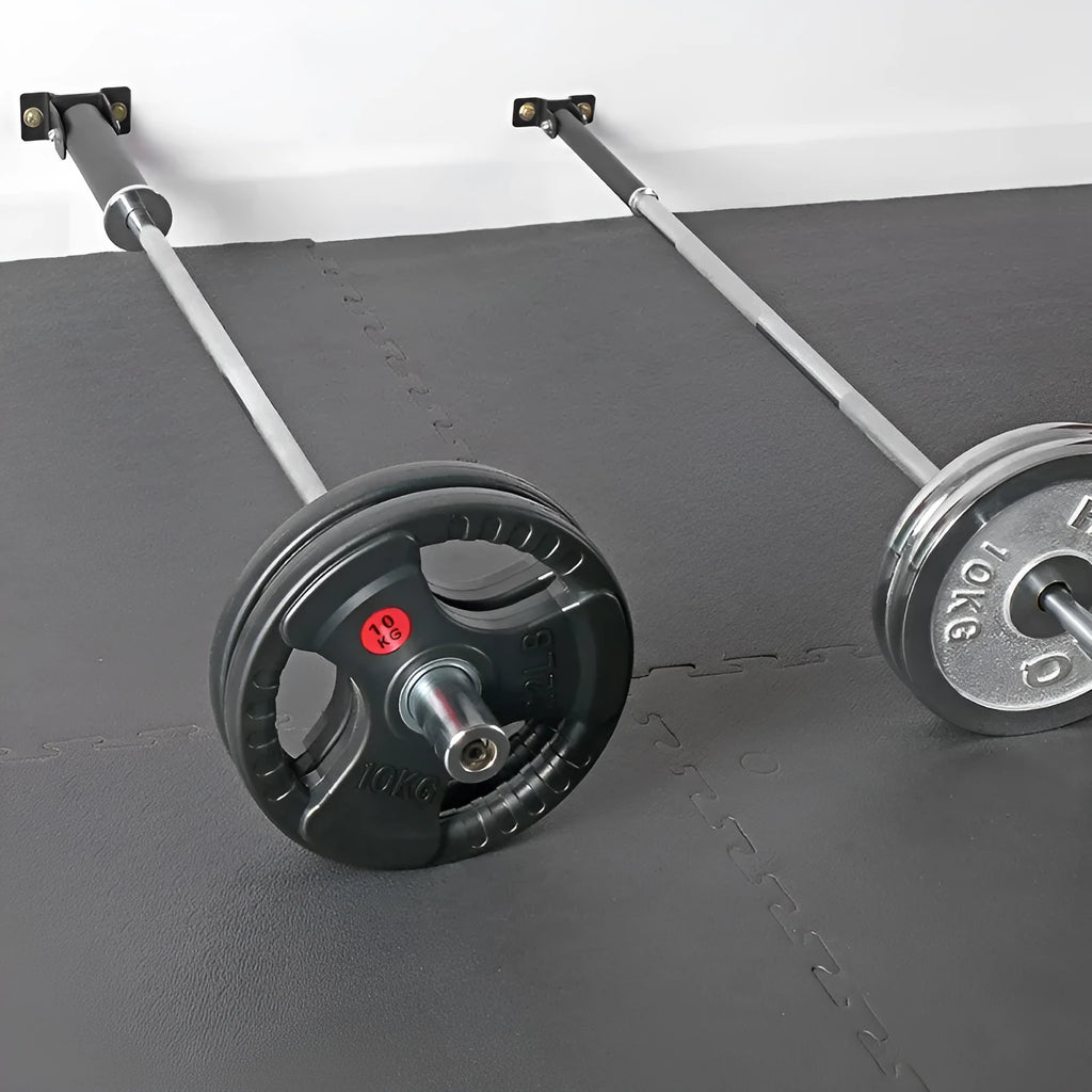 Steel wall-mounted rack holding multiple barbell bars or tubes