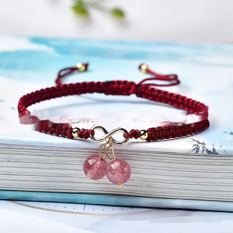 Natural Strawberry Quartz cherry bracelet for women with fruit-shaped beads on a stretch elastic band.