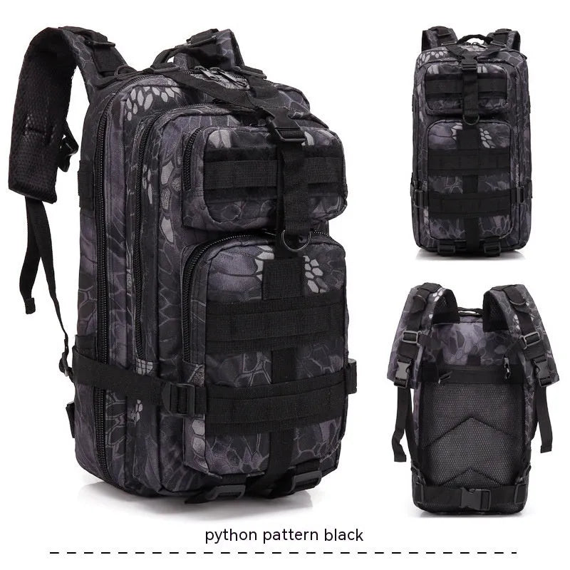 Large khaki coloured off-road hiking backpack with adjustable straps and multiple compartments.