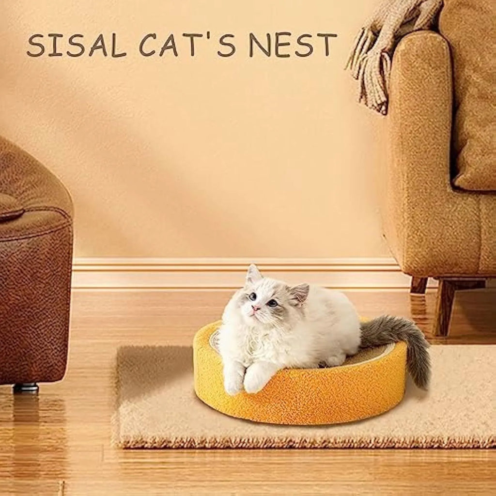 Round orange fruit-shaped cat scratching board with sisal surface and concave sleeping centre