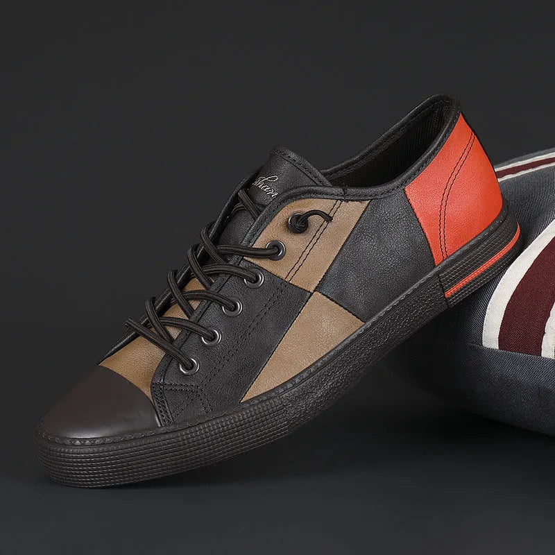 Men's leather shoes with flat heel, round toe, and elastic band in multiple colour options